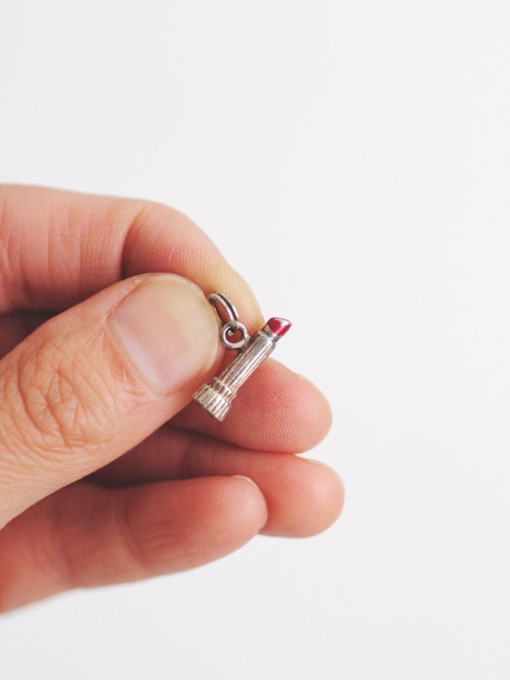 Vintage Silver Lipstick Pendant Charm Red Enamel Detail 1-Inch Small Jewelry Acc